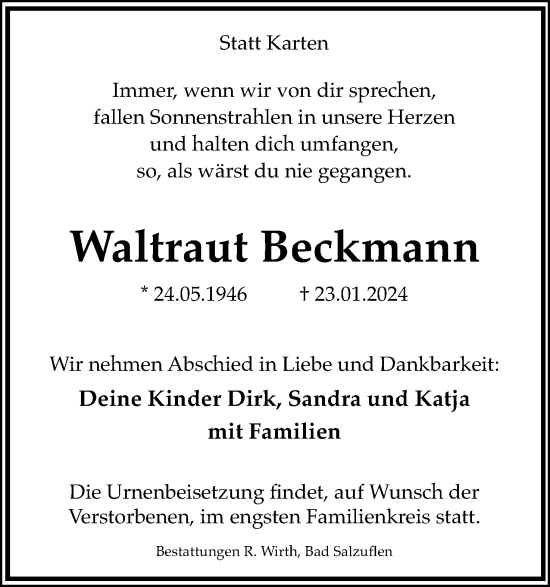 Anzeige  Waltraut Beckmann  Lippische Landes-Zeitung