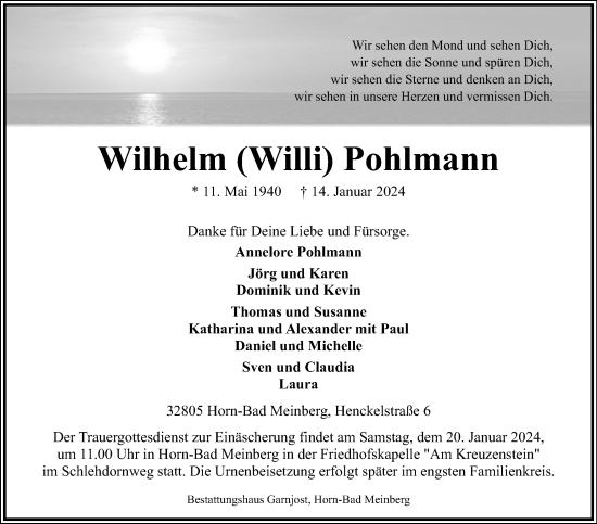 Anzeige  Wilhelm Pohlmann  Lippische Landes-Zeitung