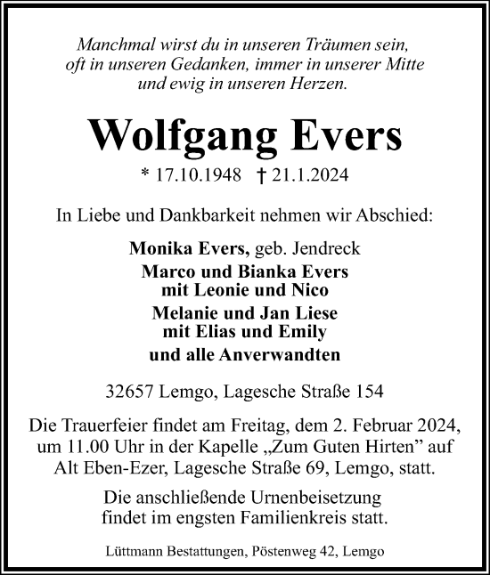 Anzeige  Wolfgang Evers  Lippische Landes-Zeitung