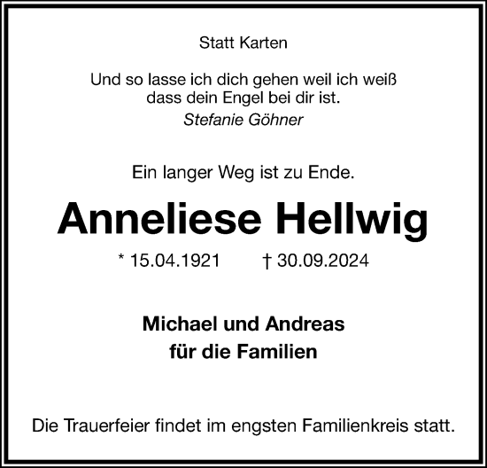 Anzeige  Anneliese Hellwig  Lippische Landes-Zeitung