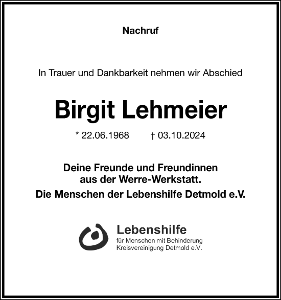Anzeige  Birgit Lehmeier  Lippische Landes-Zeitung