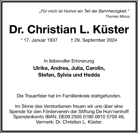Anzeige  Christian L. Küster  Lippische Landes-Zeitung