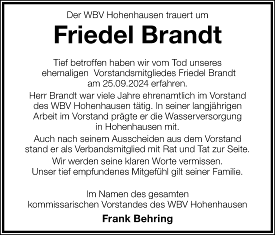Anzeige  Friedel Brandt  Lippische Landes-Zeitung