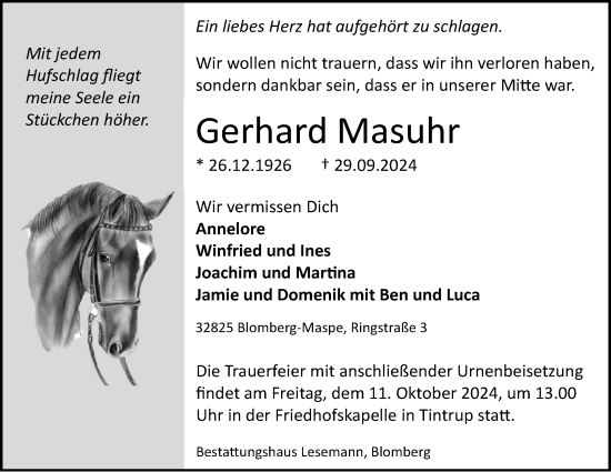 Anzeige  Gerhard Masuhr  Lippische Landes-Zeitung