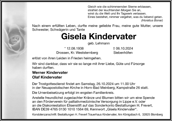 Anzeige  Gisela Kindervater  Lippische Landes-Zeitung