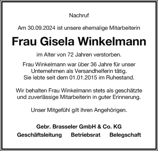 Anzeige  Gisela Winkelmann  Lippische Landes-Zeitung
