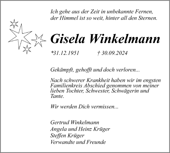 Anzeige  Gisela Winkelmann  Lippische Landes-Zeitung
