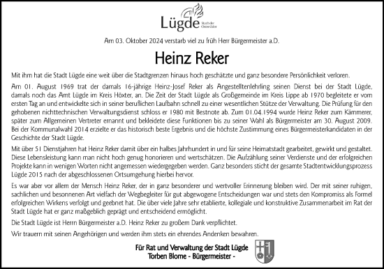 Anzeige  Heinz Reker  Lippische Landes-Zeitung