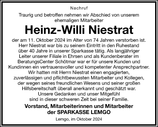 Anzeige  Heinz-Willi Niestrat  Lippische Landes-Zeitung