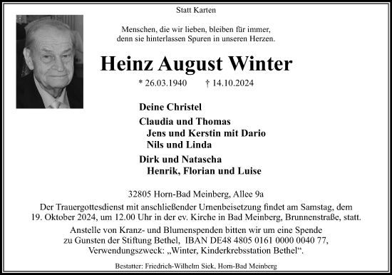 Anzeige  Heinz August Winter  Lippische Landes-Zeitung