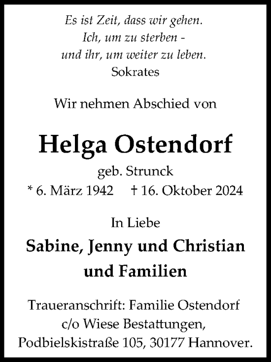 Anzeige  Helga Ostendorf  Lippische Landes-Zeitung