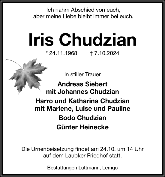 Anzeige  Iris Chudzian  Lippische Landes-Zeitung