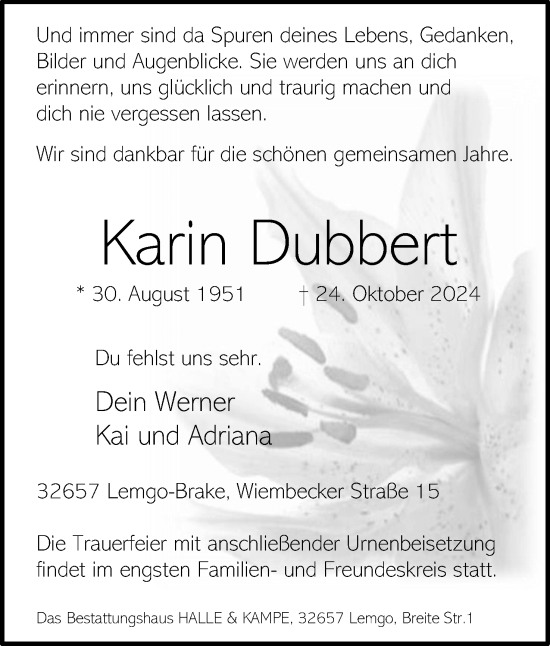 Anzeige  Karin Dubbert  Lippische Landes-Zeitung