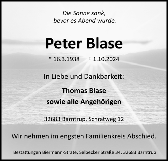 Anzeige  Peter Blase  Lippische Landes-Zeitung