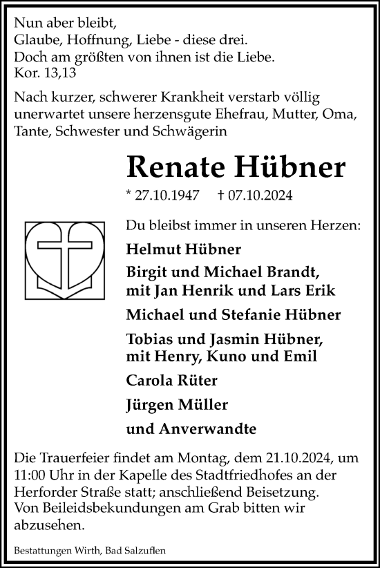 Anzeige  Renate Hübner  Lippische Landes-Zeitung