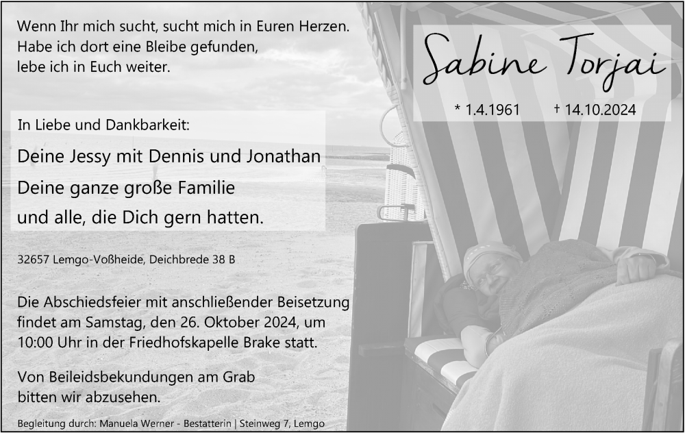  Traueranzeige für Sabine Torjai vom 19.10.2024 aus Lippische Landes-Zeitung