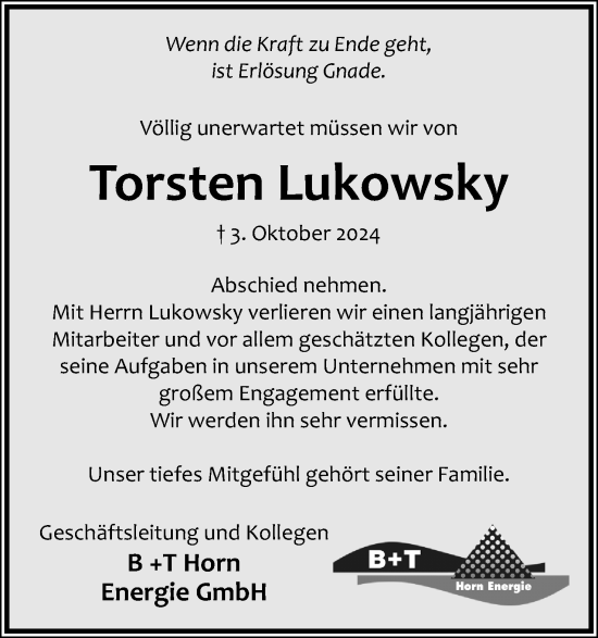 Anzeige  Torsten Lukowsky  Lippische Landes-Zeitung