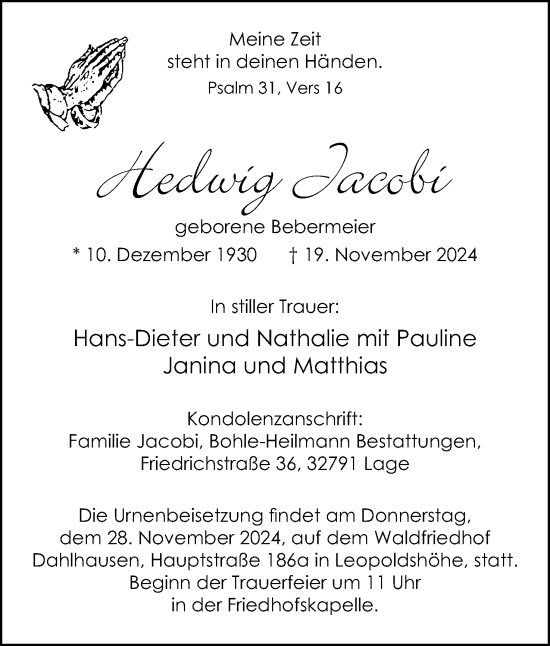 Anzeige  Hedwig Jacobi  Lippische Landes-Zeitung