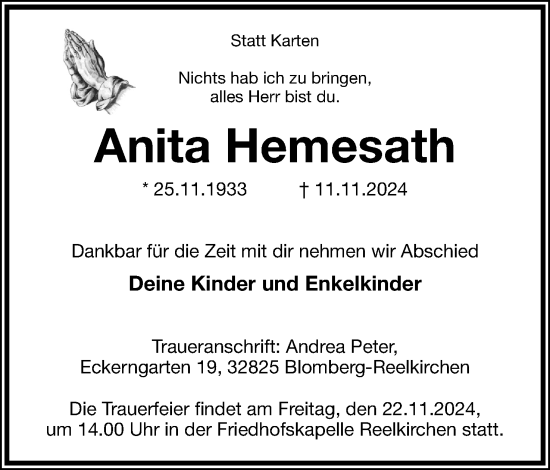 Anzeige  Anita Hemesath  Lippische Landes-Zeitung