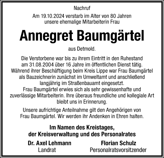 Anzeige  Annegret Baumgärtel  Lippische Landes-Zeitung