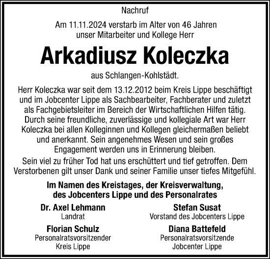 Anzeige  Arkadiusz Koleczka  Lippische Landes-Zeitung