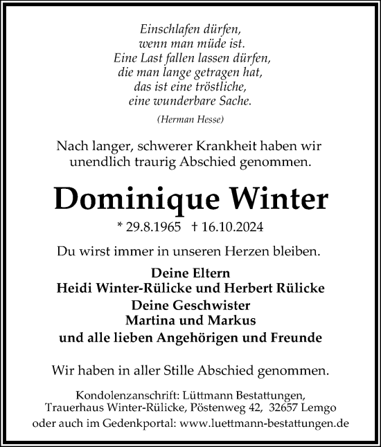 Anzeige  Dominique Winter  Lippische Landes-Zeitung