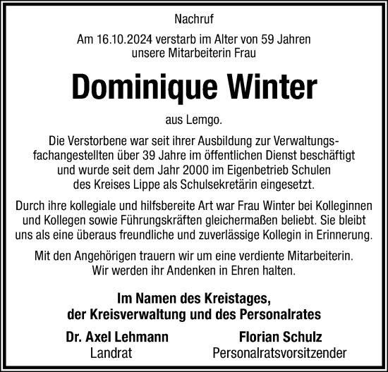 Anzeige  Dominique Winter  Lippische Landes-Zeitung