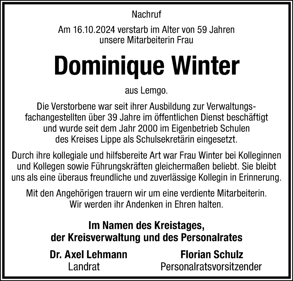  Traueranzeige für Dominique Winter vom 01.11.2024 aus Lippische Landes-Zeitung