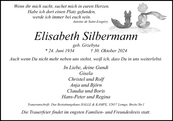 Anzeige  Elisabeth Silbermann  Lippische Landes-Zeitung