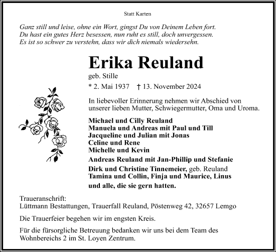 Anzeige  Erika Reuland  Lippische Landes-Zeitung