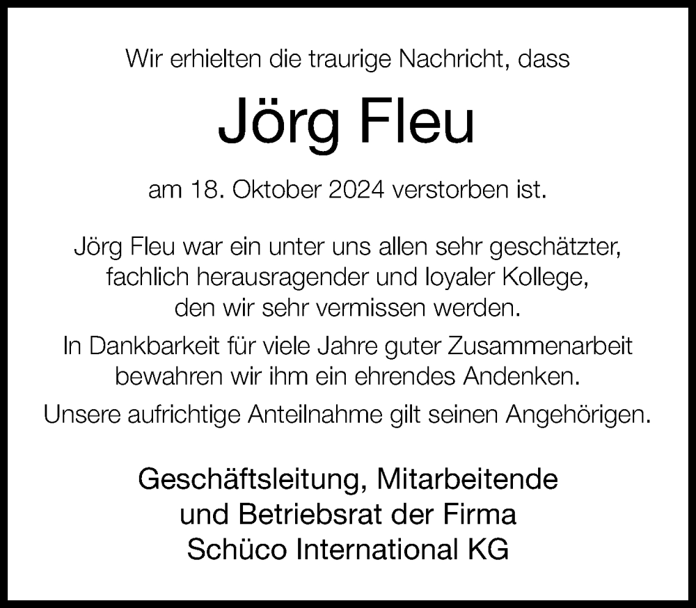  Traueranzeige für JÃƒÂ¶rg Fleu vom 23.11.2024 aus Lippische Landes-Zeitung