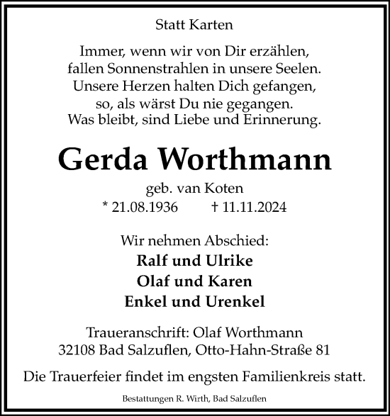 Anzeige  Gerda Worthmann  Lippische Landes-Zeitung