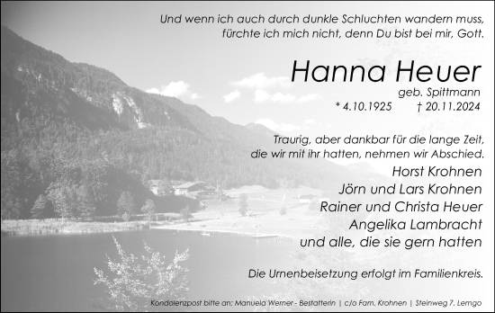 Anzeige  Hanna Heuer  Lippische Landes-Zeitung