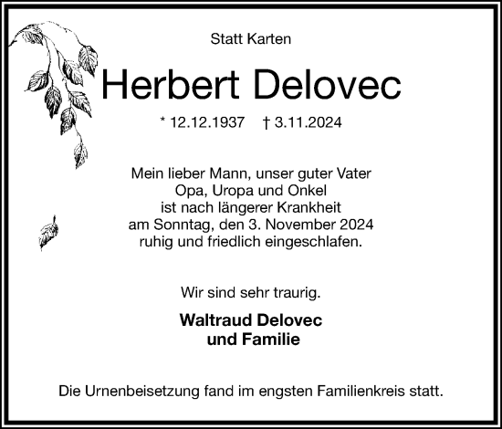 Anzeige  Herbert Delovec  Lippische Landes-Zeitung