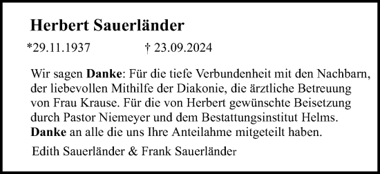 Anzeige  Herbert Sauerländer  Lippische Landes-Zeitung