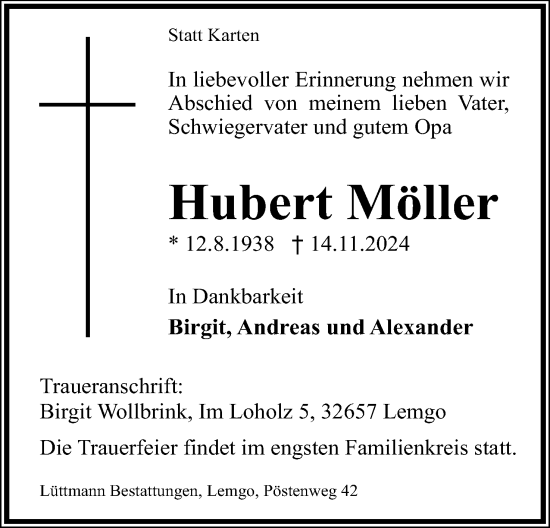 Anzeige  Hubert Möller  Lippische Landes-Zeitung