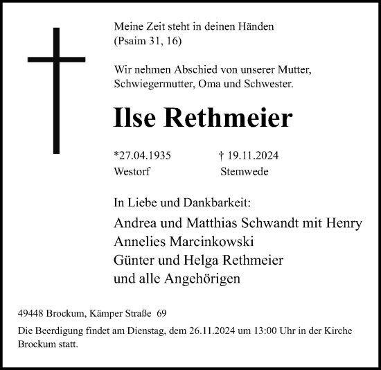 Anzeige  Ilse Rethmeier  Lippische Landes-Zeitung