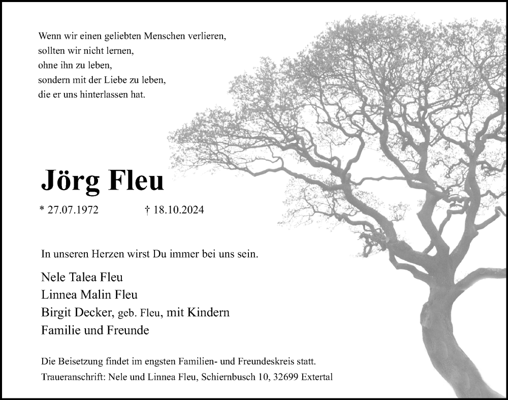  Traueranzeige für JÃƒÂ¶rg Fleu vom 23.11.2024 aus Lippische Landes-Zeitung