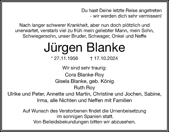 Anzeige  Jürgen Blanke  Lippische Landes-Zeitung