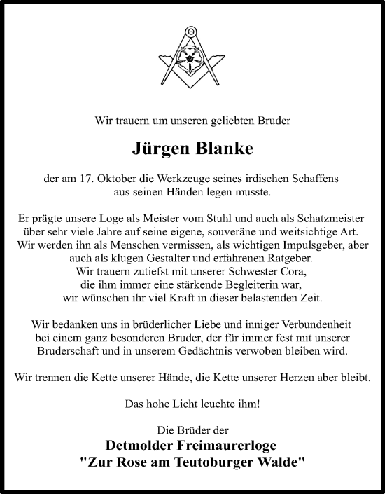 Anzeige  Jürgen Blanke  Lippische Landes-Zeitung