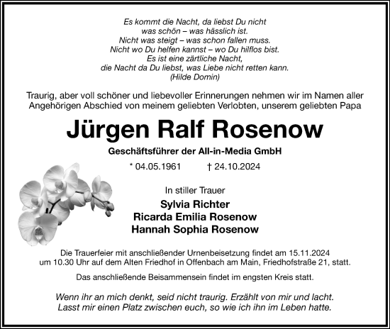 Anzeige  Jürgen Ralf Rosenow  Lippische Landes-Zeitung