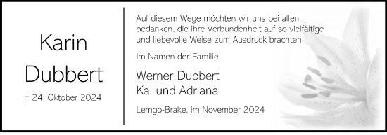 Anzeige  Karin Dubbert  Lippische Landes-Zeitung