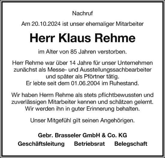 Anzeige  Klaus Rehme  Lippische Landes-Zeitung