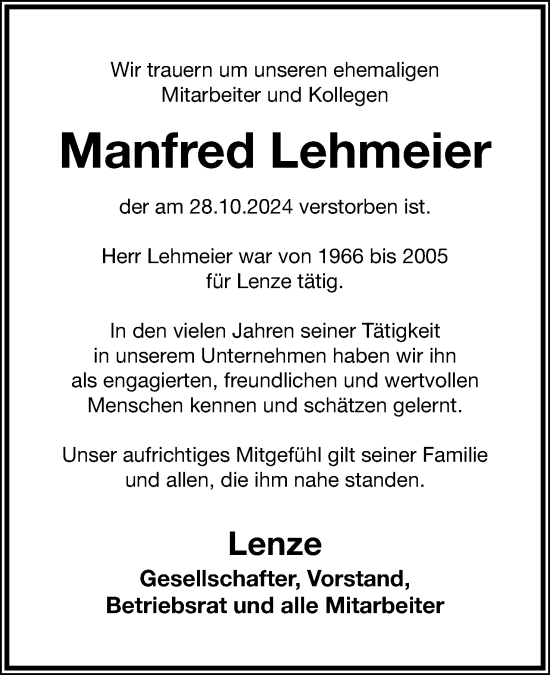 Anzeige  Manfred Lehmeier  Lippische Landes-Zeitung