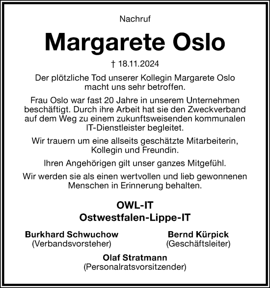Anzeige  Margarete Oslo  Lippische Landes-Zeitung