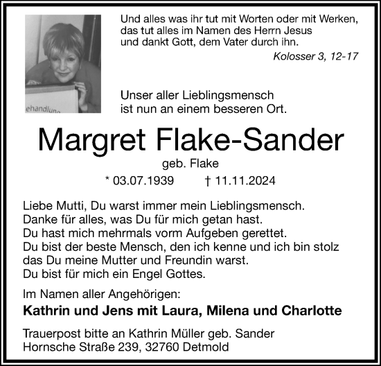 Anzeige  Margret Flake-Sander  Lippische Landes-Zeitung