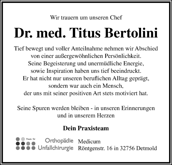 Anzeige  Titus Bertolini  Lippische Landes-Zeitung