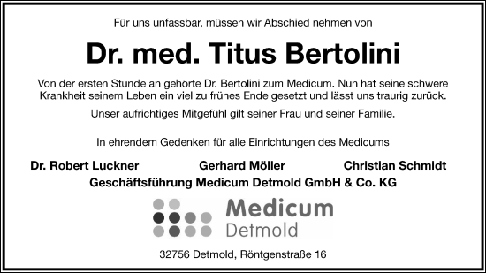 Anzeige  Titus Bertolini  Lippische Landes-Zeitung