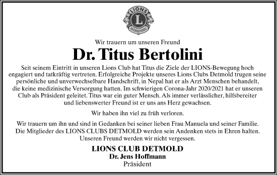 Anzeige  Titus Bertolini  Lippische Landes-Zeitung