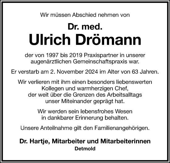 Anzeige  Ulrich Drömann  Lippische Landes-Zeitung